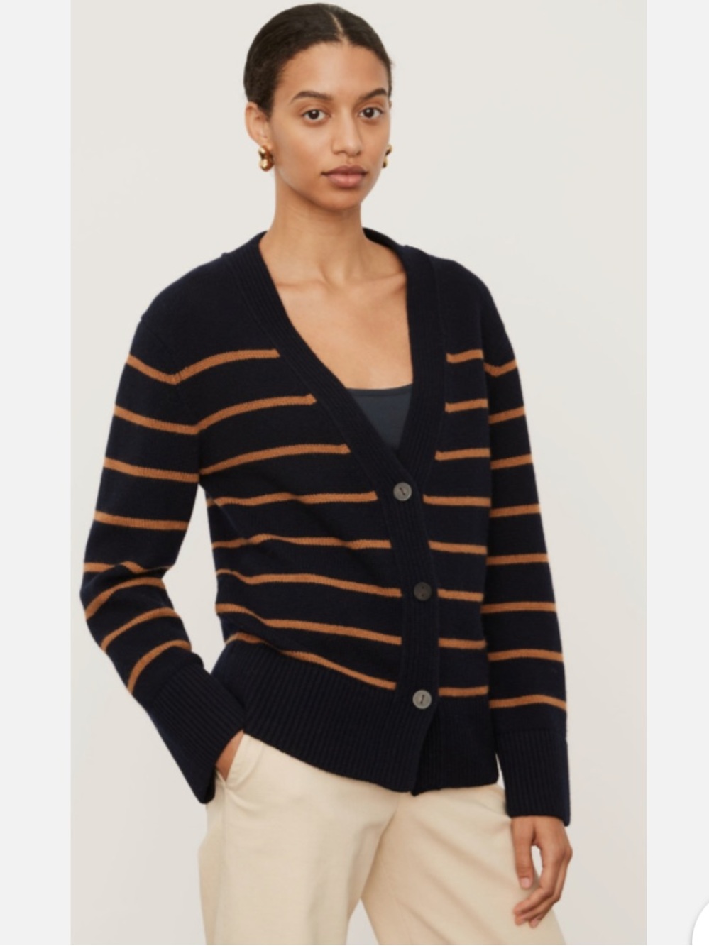 Vince Cashmere/Wool - Navy and Tan Striped V-Neck Cardigan